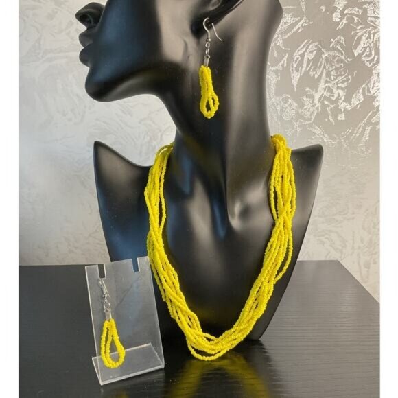 Yellow Multi-Strand Beaded Necklace & Earrings Jewelry Set - Picture 1 of 4